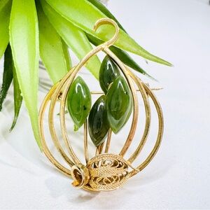 SOLD Vintage Nephrite Jade Birdcage Filigree Gold Tone Brooch